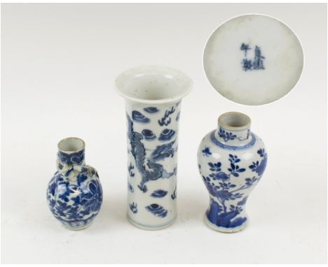 ORIENTAL CERAMICS, three various, small blue/white ceramic vases, tallest 15.5cm H. (3)