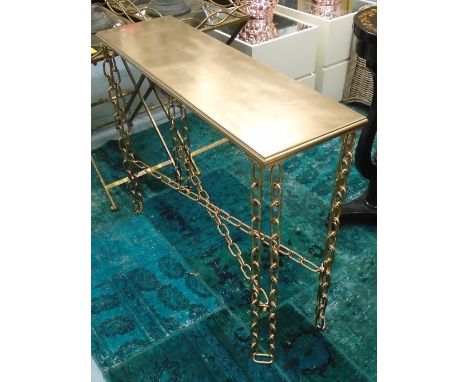 CONSOLE TABLES, a pair, in bronzed finish on chainlink metal supports, 101cm x 31cm x 83cm H. (2)