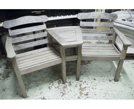 GARDEN BENCH, weathered teak comprising two armchairs and conjoining table, 160CM w.