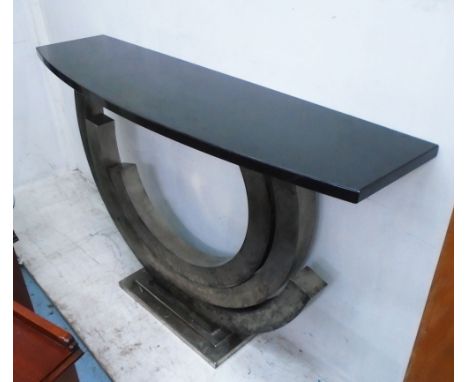 CONSOLE TABLE, the black granite top on a curved metal base, 150cm W x 41cm D x 95cm H.