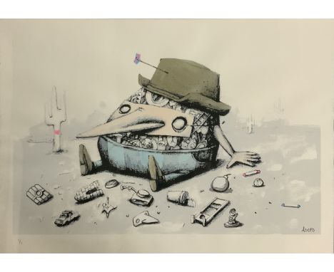 ADOR (French, XXth Century)A lost kid, 2016Pen and watercolours on a silkscreen on paper, drystamp Graffiti Street Limited Ed