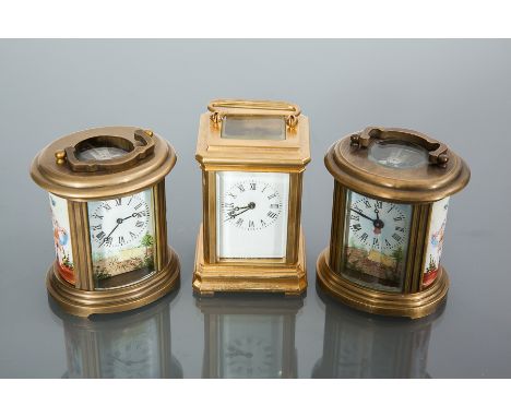 TWO SEVRES STYLE MINIATURE FRENCH BRASS CARRIAGE CLOCKS
both with unsigned single train movements with lever platform escapem