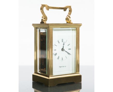 TWENTIETH CENTURY ENGLISH MAPPIN & WEBB BRASS CARRIAGE CLOCK 
unsigned single train seven jewels movement with lever platform