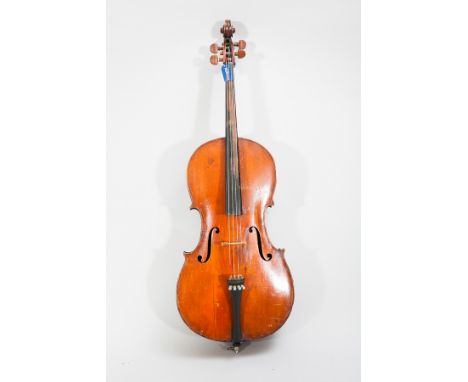 NINETEENTH CENTURY GERMAN CELLO
with rosewood pegs, two piece back, together with a bow and a fitted hard case, total length1