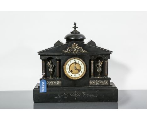 LATE NINETEENTH CENTURY SLATE MANTEL CLOCK
unsigned French two train movement numbered 8378, the gilt dial with Roman numeral