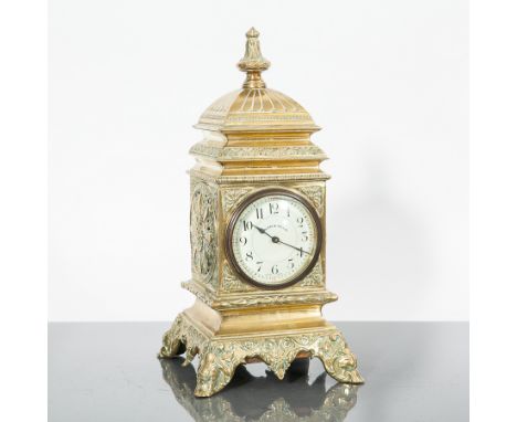 EARLY TWENTIETH CENTURY FRENCH BRASS MANTEL CLOCK
retailed by Walker & Hall, unsigned French single train movement with lever