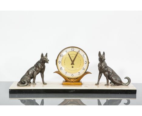 ART DECO STYLE FRENCH ONYX AND SLATE MANTEL CLOCK
unsigned single train front winding movement, the signed bullseye dial with