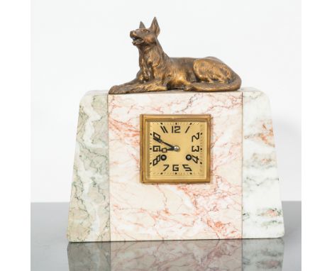 ART DECO FRENCH MIXED MARBLE MANTEL CLOCK
the unsigned two train front key wind movement numbered 72902 striking on bell, the