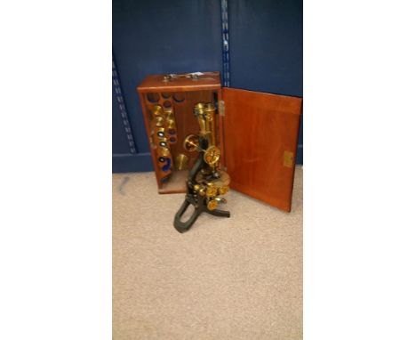 FINE MAHOGANY CASED BRASS BINOCULAR MICROSCOPE BY J.SWIFT & SON LONDON
early twentieth century, lacquered brass and anodised 