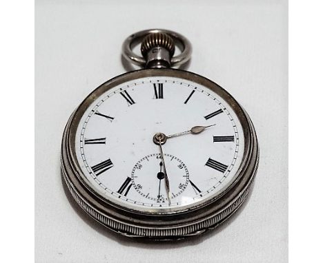 Silver cased crown wind pocket watch, the 40mm white enamel dial with Roman Numerals and subsidiary seconds dial, with lever 