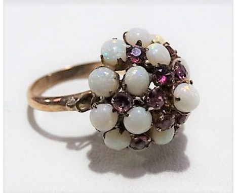 14k opal and ruby set cluster ring, weight 3.6g approx.