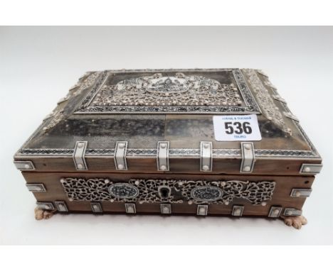 Late 19th Century horn and ivory applied rectangular section Anglo Indian workbox, the caddy lid applied with pierced and eng