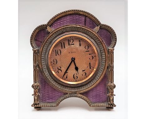 Early 20th Century brass case purple guilloche enamel eight day easel timepiece, the 2in textured brass dial with Arabic Nume