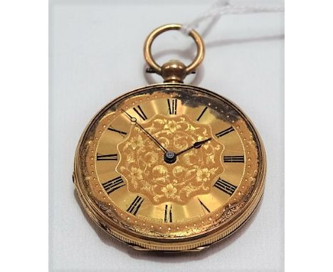 18ct gold foliate engraved cased key wind pocket watch, the lever movement stamped MILLERET GENEVE, the gilt engine turned an