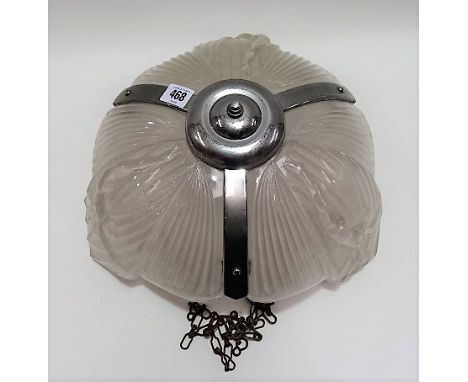 Art Deco pressed frosted glass three section ceiling light, decorated with a naked maiden to each panel, chrome mounted, diam