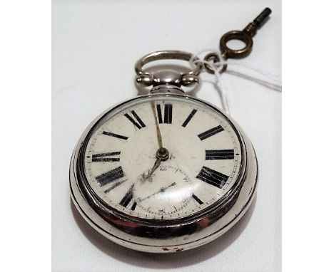 Silver pair cased pocket watch, the 43mm enamel dial with Roman numerals and subsidiary seconds dial, the fusee movement sign