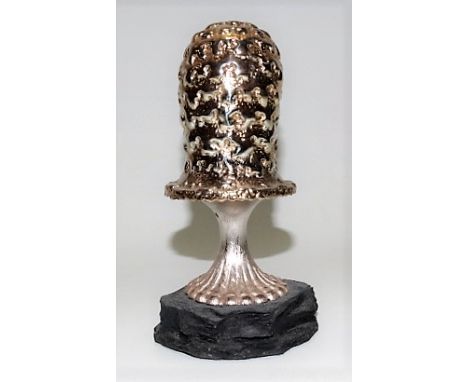 Modern silver, silver gilt, enamel and gem stone set novelty mushroom by Christopher Nigel Lawrence, upon slate base, height 