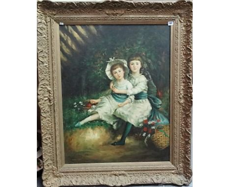 ALICE WELL Portrait of a seated boy and girl in a garden. Oil on canvas. Signed. 89cm x 69cm.