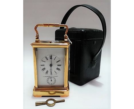 19th Century French brass repeater carriage clock, the restored white enamel 2.25in dial signed J. Lancaster, London with Rom