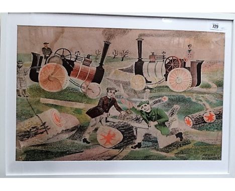 After MICHAEL ROTHENSTEIN A Logging Scene with Steam Engines Colour lithograph 40.5cm x 63.5cm