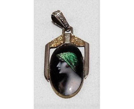 Good AMENDMENT 18CT GOLD coloured enamel Art Nouveau pendant, the enamel decorated with profile portrait of a young woman wit