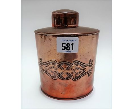 J.S. &amp; S. Sankey copper oval tea caddy with embossed foliate strap decoration, stamped mark to the base, height 15cm.