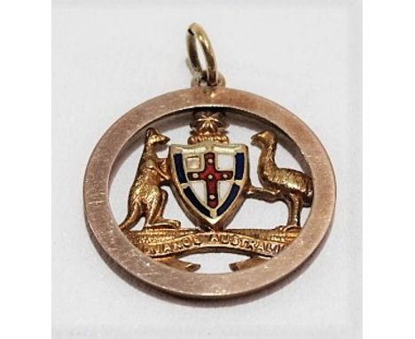 9ct hallmarked gold fob of Australian interest, the pierced circular fob with enamel shield flanked by a kangaroo and emu, th