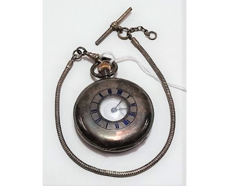 Silver key wind half hunter pocket watch, the outer case with blue enamel Roman numerals, the white enamel dial with subsidia