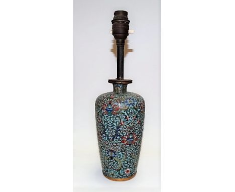 Chinese cloisonné vase, converted to a table lamp decorated with chrysanthemum and foliate scrolls upon a pale blue ground, h