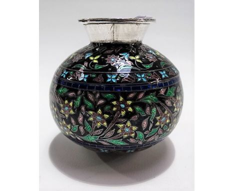 White metal and coloured enamel ovoid vase with foliate banded decoration, stamped 92.5, height 9cm, weight 200g approx