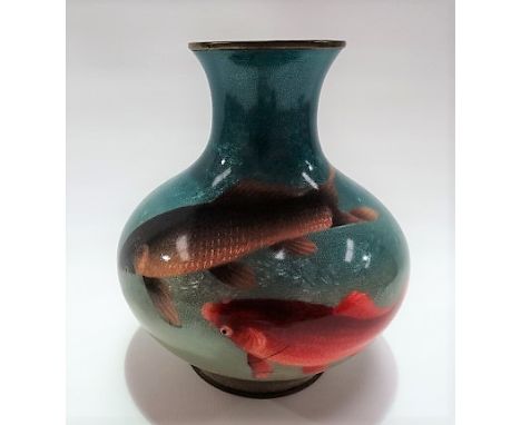 A Japanese wireless cloisonné ginbari enamel on silvered copper ovoid vase, the sides decorated with three carp on a green bl