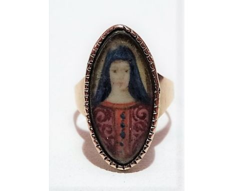 Antique gold ring set with a lunette miniature portrait of a woman with blue headscarf and pink dress, under glass or rock cr