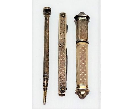 Continental silver gilt engine turned pencil, lead holder and penknife (3)
