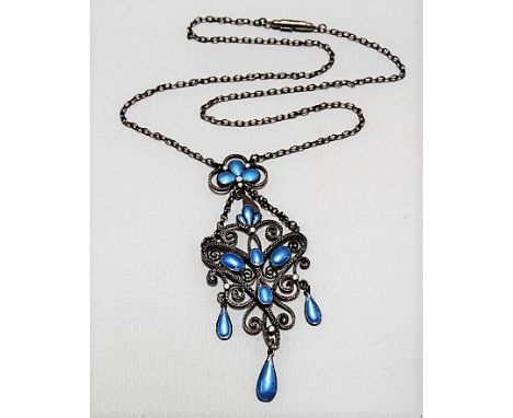 935 white metal blue and white enamel pendant necklace in Art Nouveau style
