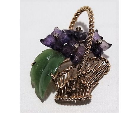 14k gold amethyst, diamond and jade basket brooch, naturalistically designed with a jade leaf, four amethyst flowerheads inse