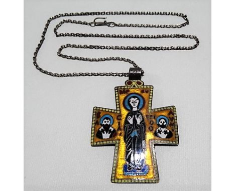 Silver and enamel Orthodox cross pendant upon silver Belcher chain, weight 21.3g approx.