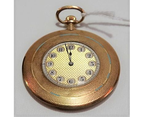 18ct gold crown wind dress pocket watch, the case with engine turned decoration and with pale blue enamel band, the gilt 26mm