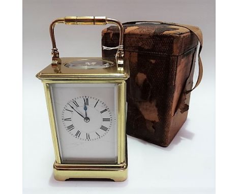 French lacquered brass carriage clock by Henri Jacot, with 6cm white dial with Roman Numerals, the movement with platform lev