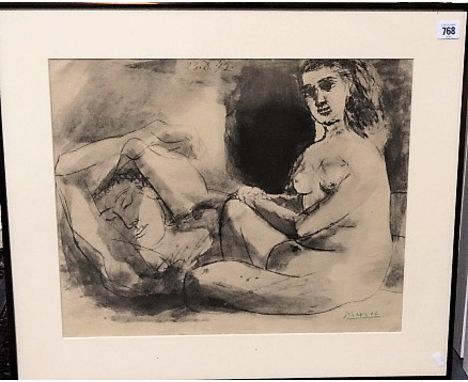 After PABLO PICASSO 'Homme Couche et Femme Assise' Lithograph With Pochoir stencilled signature in green 42cm x 52cm