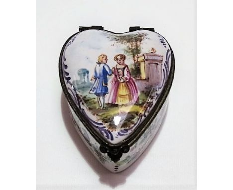 18th Century Continental enamel heart shaped box, the hinged cover decorated with a courting couple within a landscape hinged