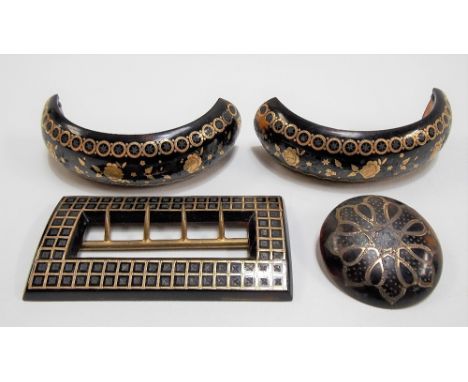 Victorian tortoiseshell gold and silver inlaid pique large rectangular buckle; together with a bangle (af) and a circular bro