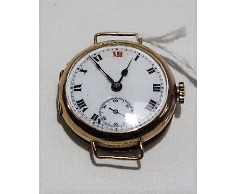 9ct gold early 20th Century lug manual wind wristwatch with 24mm white enamel dial with Roman numerals and subsidiary seconds