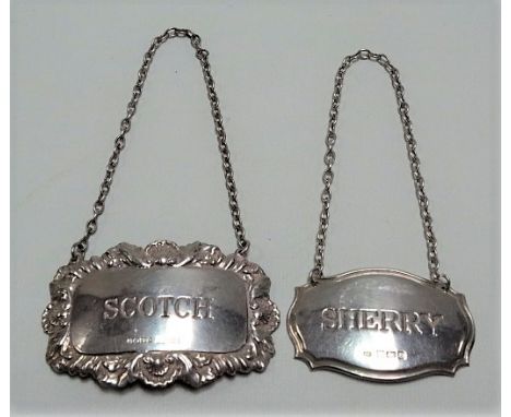 Two modern silver hallmarked spirit labels, Scotch and Sherry, weight 0.75oz approx.