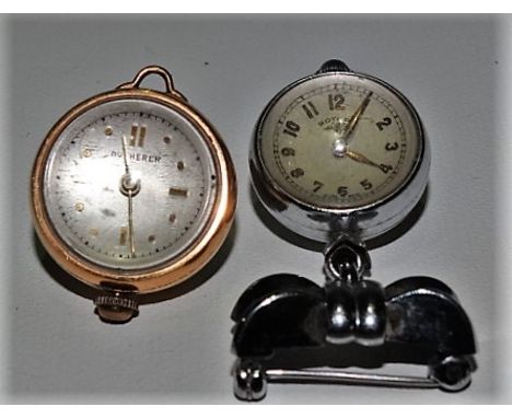 Yellow metal mounted Bucherer ball pendant watch; together with a Rotary brooch ball watch (2).