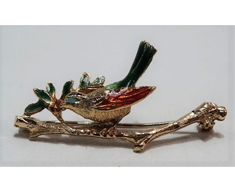 18ct gold and coloured enamel brooch cast as a bird on a branch, stamped FOMA 750 SZAR, width 40mm, weight 5g approx.