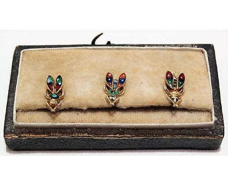 Unusual continental gold and coloured enamel set of three fly shirt studs, weight 2.4g approx