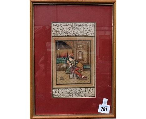 Indian illuminated gouache leaf from a manuscript depicting a Courting couple upon a terrace, with text, 20cm x 12cm.