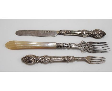Early Victorian silver pickle fork foliate cast, pierced and engraved with mother of pearl handle, maker H &amp; T, Birmingha