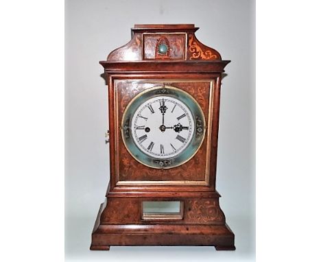 19th Century walnut marquetry inlaid twin fusee cuckoo clock, the white enamel 5in dial with Roman Numerals within a painted 