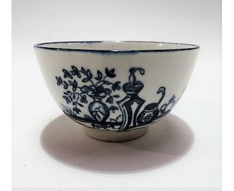 18th Century Worcester blue &amp; white tea bowl printed with a woman and child within a Chinese garden, crescent and R mark 